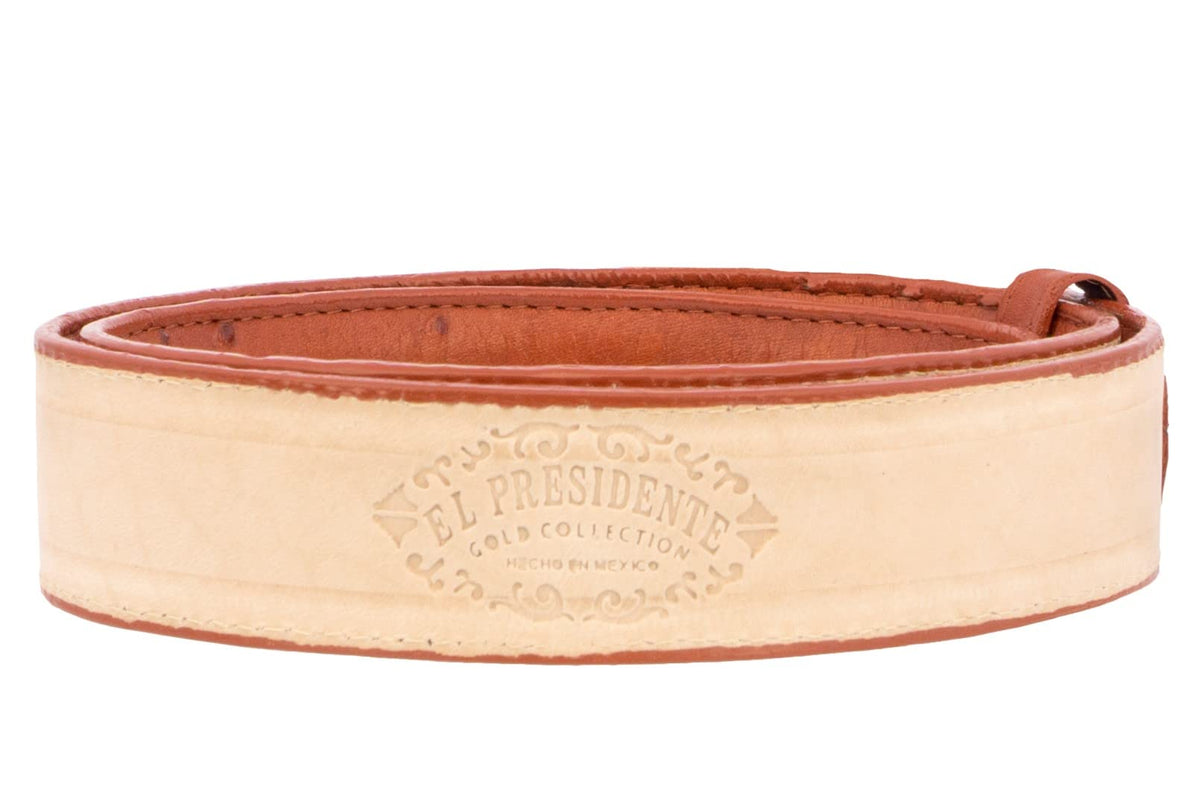 Mens Cognac Ostrich Quill Print Leather Western Cowboy Belt O8724