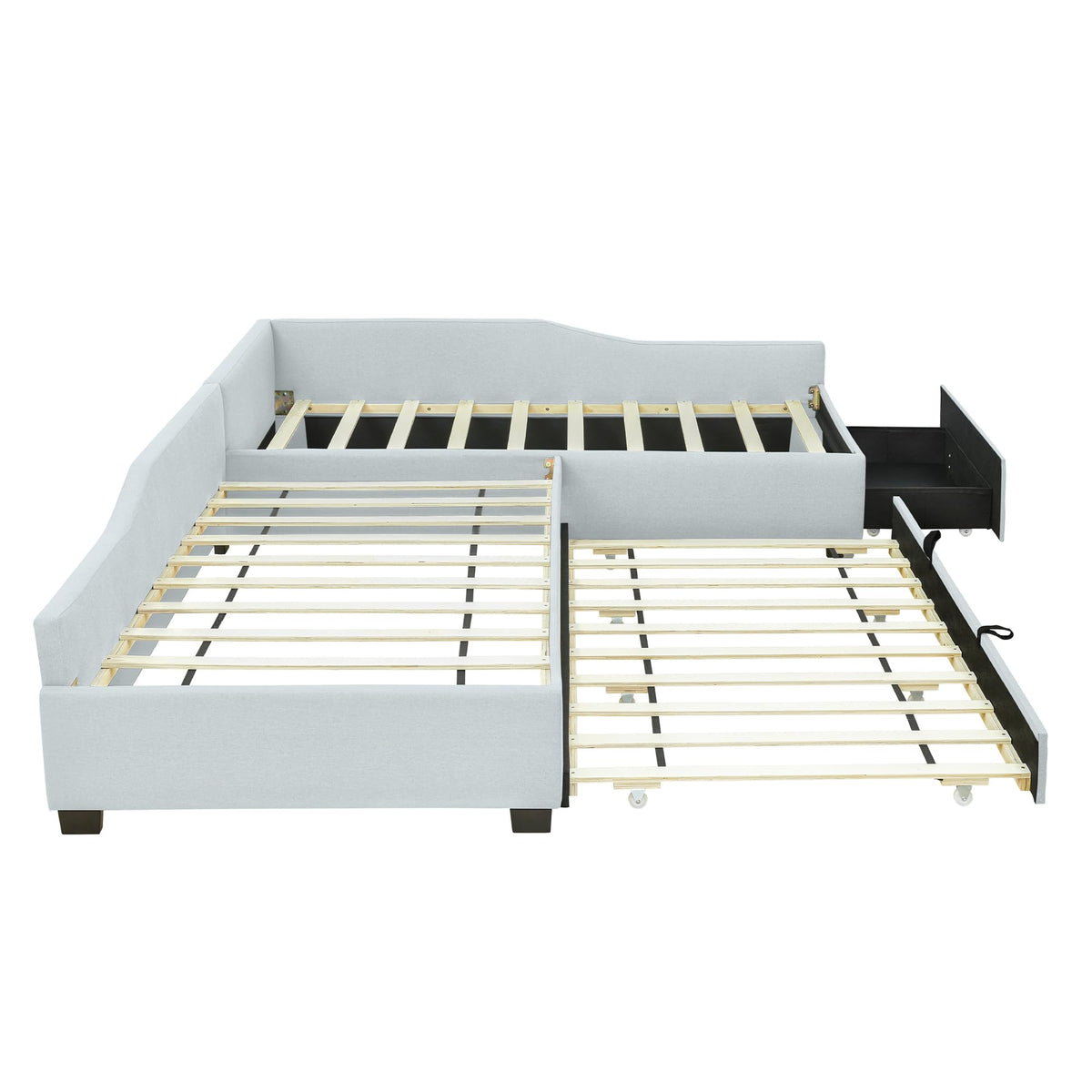 Double Twin Size L Shaped Upholstered Daybed with Trundle and Storage Drawer F711