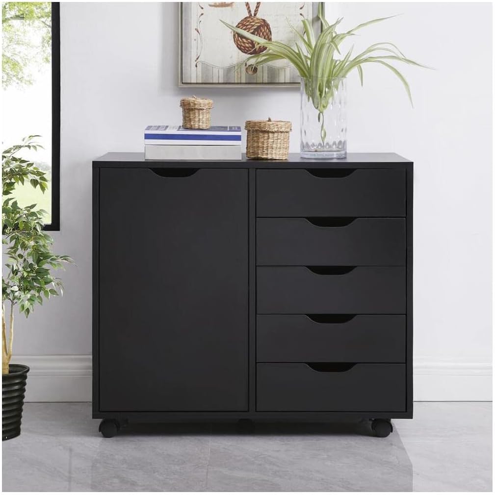 Black 5 Drawer Wood Storage Cabinet with Wheels C272