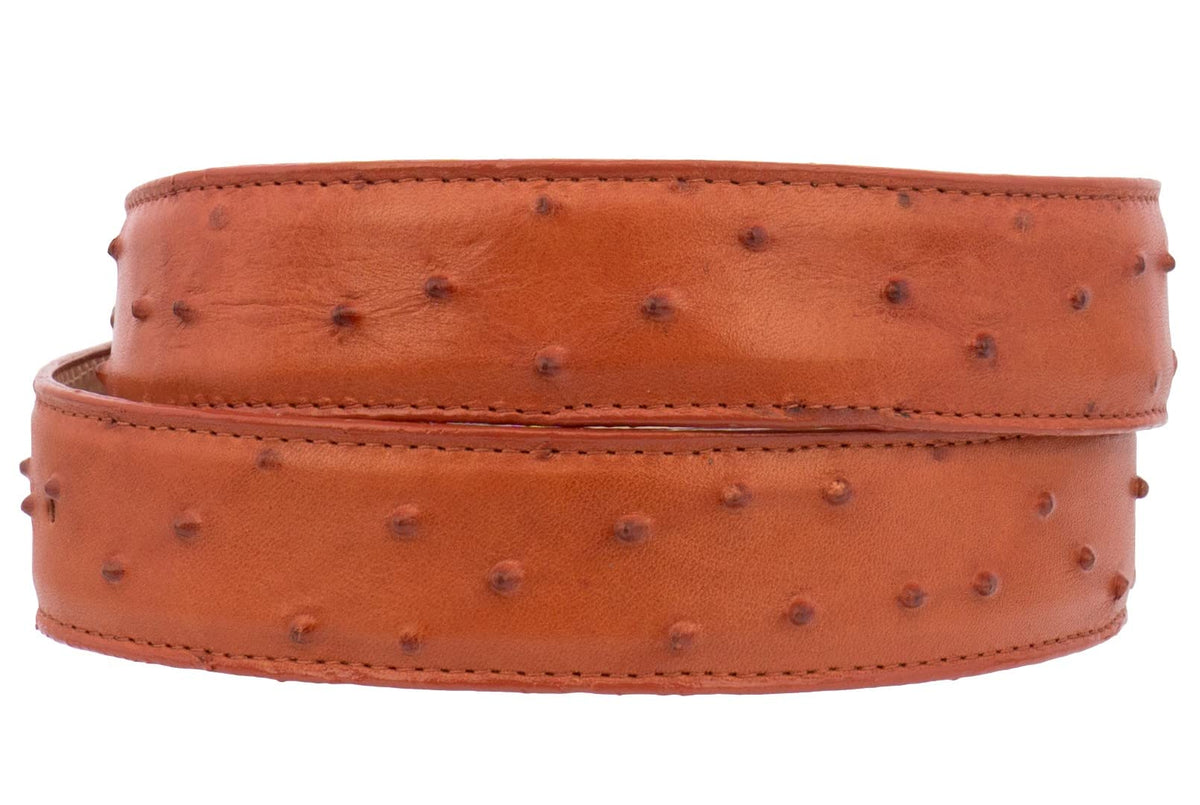 Mens Cognac Ostrich Quill Print Leather Western Cowboy Belt O8724