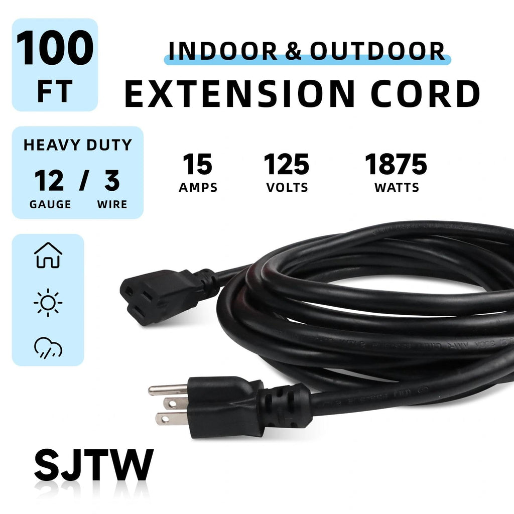 100 Ft Heavy Duty Outdoor Extension Cord, 12/3 SJTW Black 3-Prong B40021