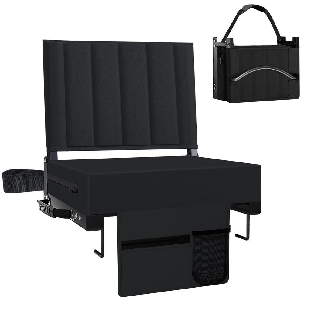 Black Padded Portable Folding Stadium Seat with Back Support and Cup Holder D1033