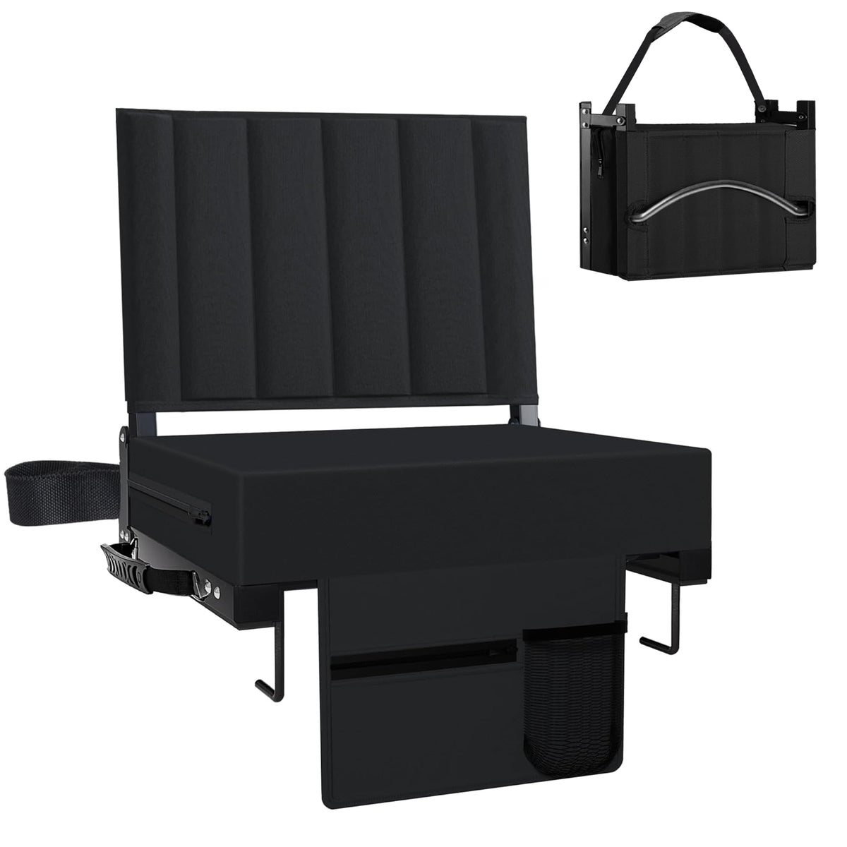 Black Padded Portable Folding Stadium Seat with Back Support and Cup Holder D1033