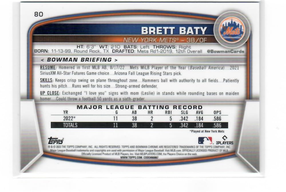 Bowman Chrome Mega Box Mojo Refractor Purple #80 Brett Baty RC Rookie Card /250 New York Mets Baseball NM-MT X58837
