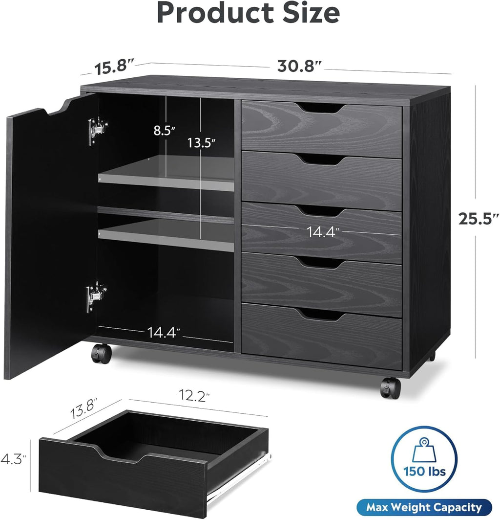 Black 5 Drawer Wood Storage Cabinet with Wheels C272