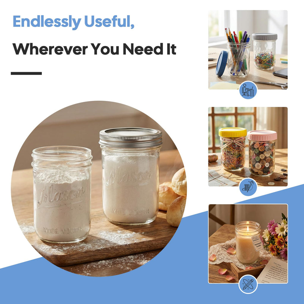 16oz 6-Pack Wide Mouth Glass Mason Jars with Airtight Lids A27921