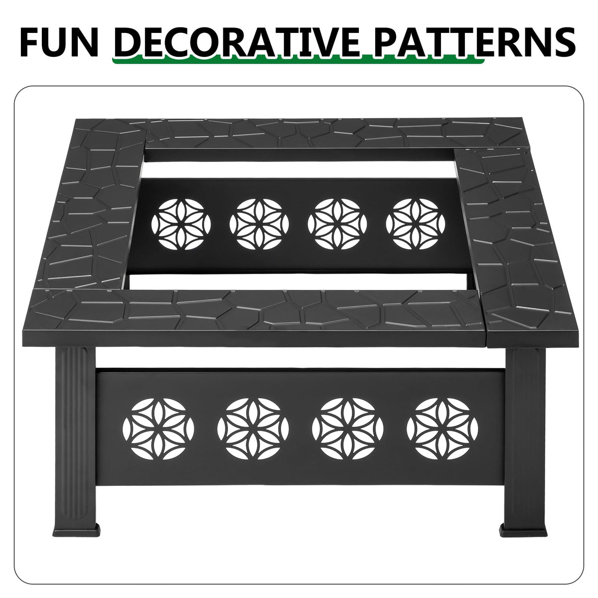 32 Inch Square Wood Burning Fire Pit Table with Spark Screen Lid and Fire Poker, Black I135