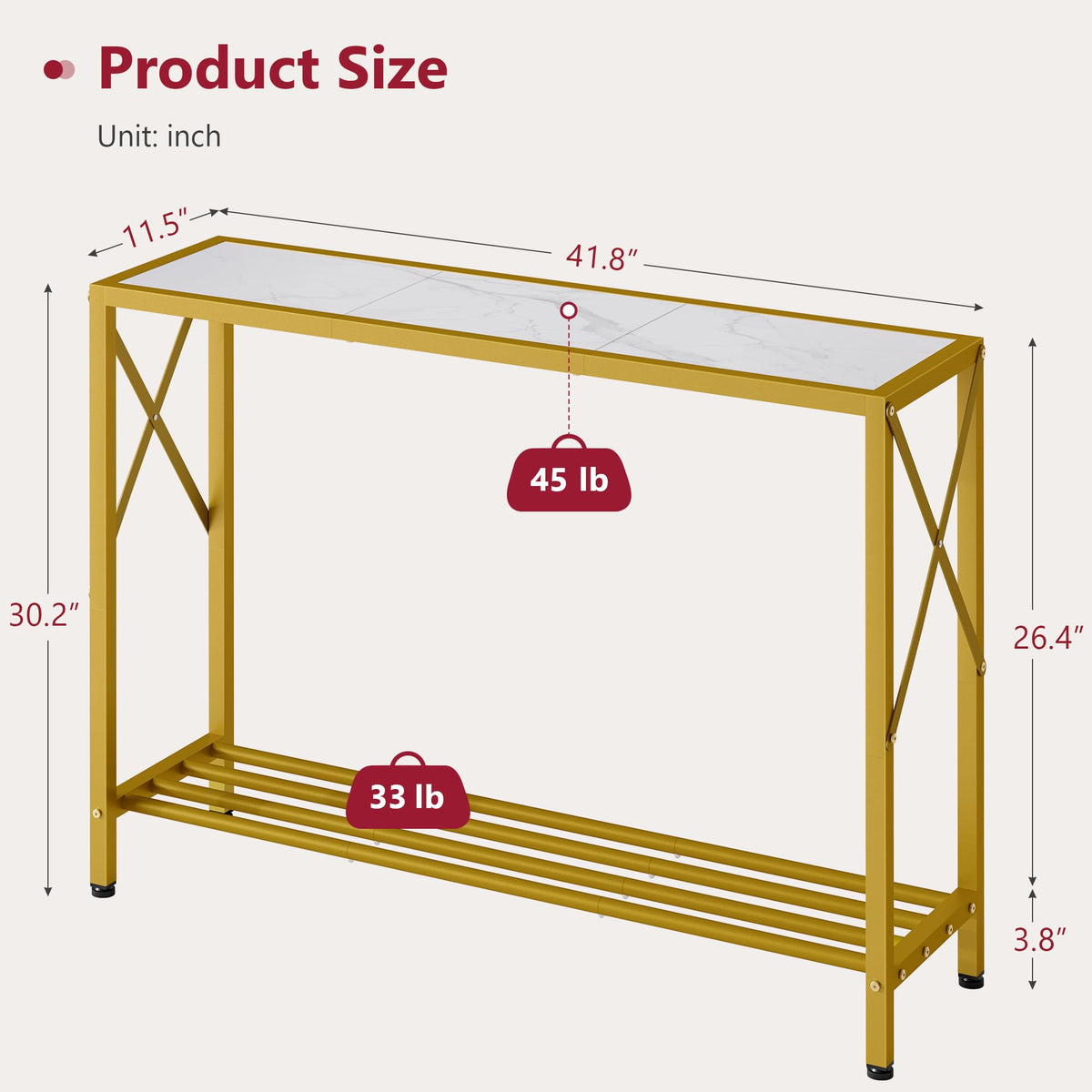 41.8" 2 Tier Gold Console Table with Shelves H524