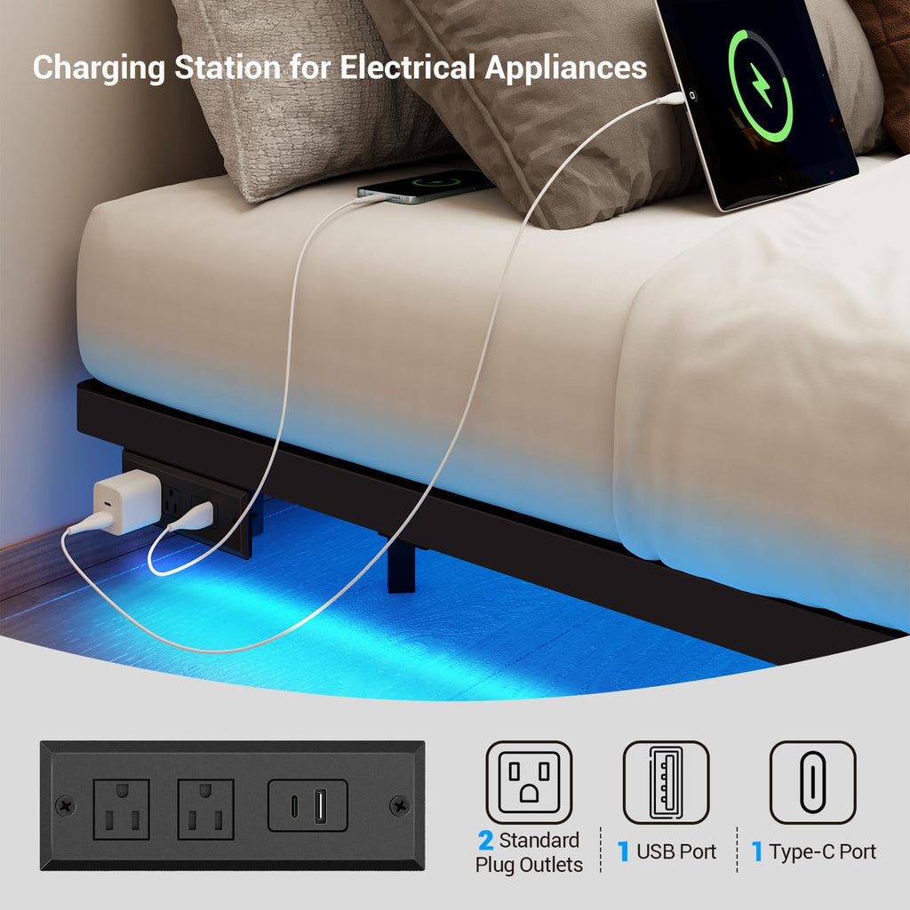 Full Size Metal Platform Bed Frame with LED Lights & Charging Station S246