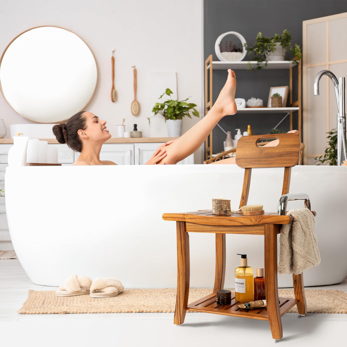 Teak Shower Bench with Handles and Backrest I40778