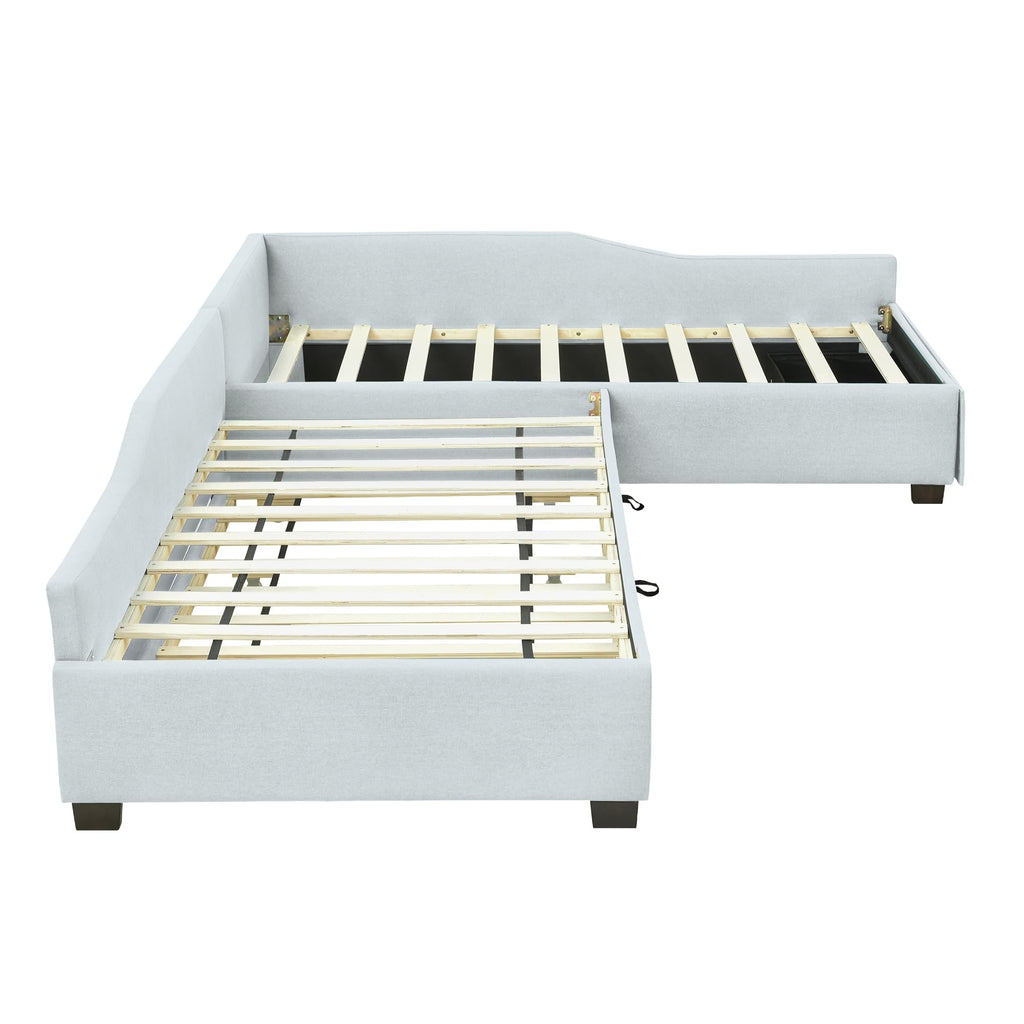 Double Twin Size L Shaped Upholstered Daybed with Trundle and Storage Drawer F711