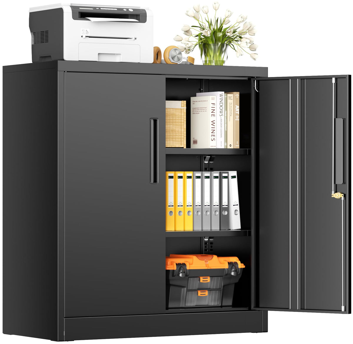 Black Metal Storage Cabinet with Locking Doors and Shelves K9171