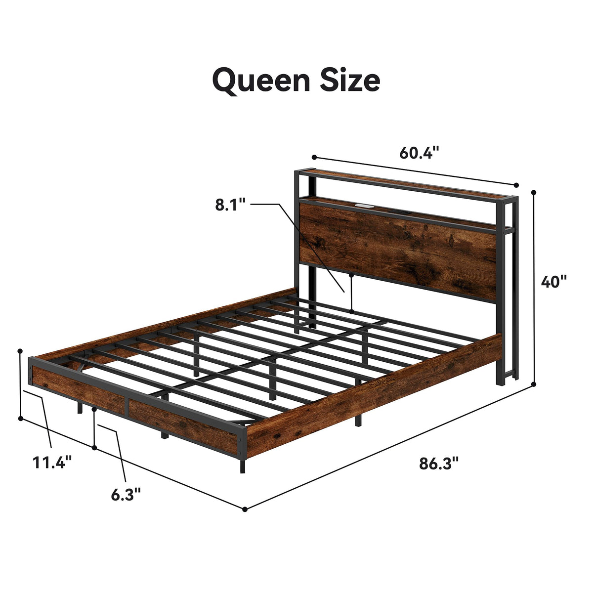 Queen Size Metal Bed Frame with Storage Headboard and Charging Station W4145