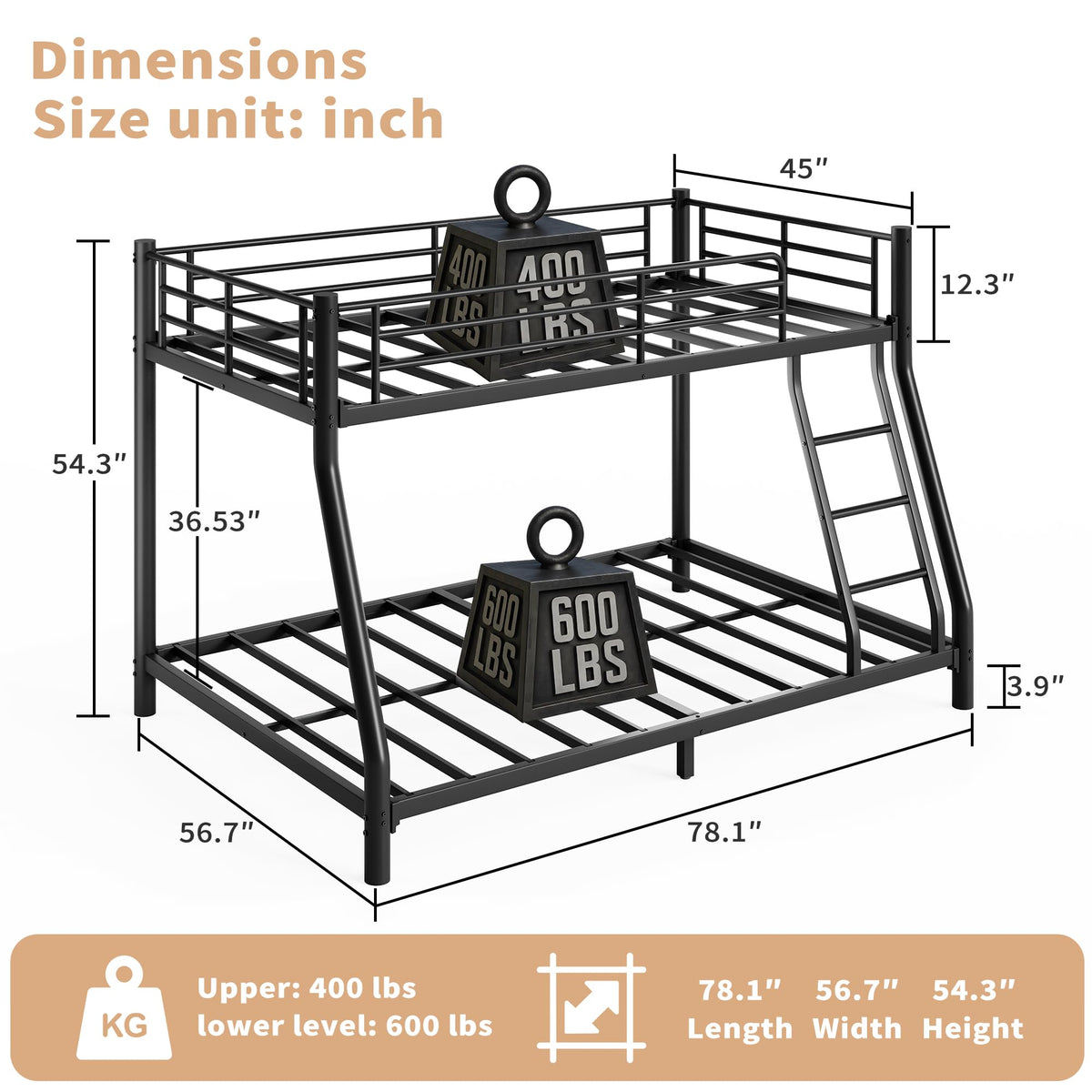 Twin Over Full Metal Bunk Bed with Guardrail and Ladder N5975