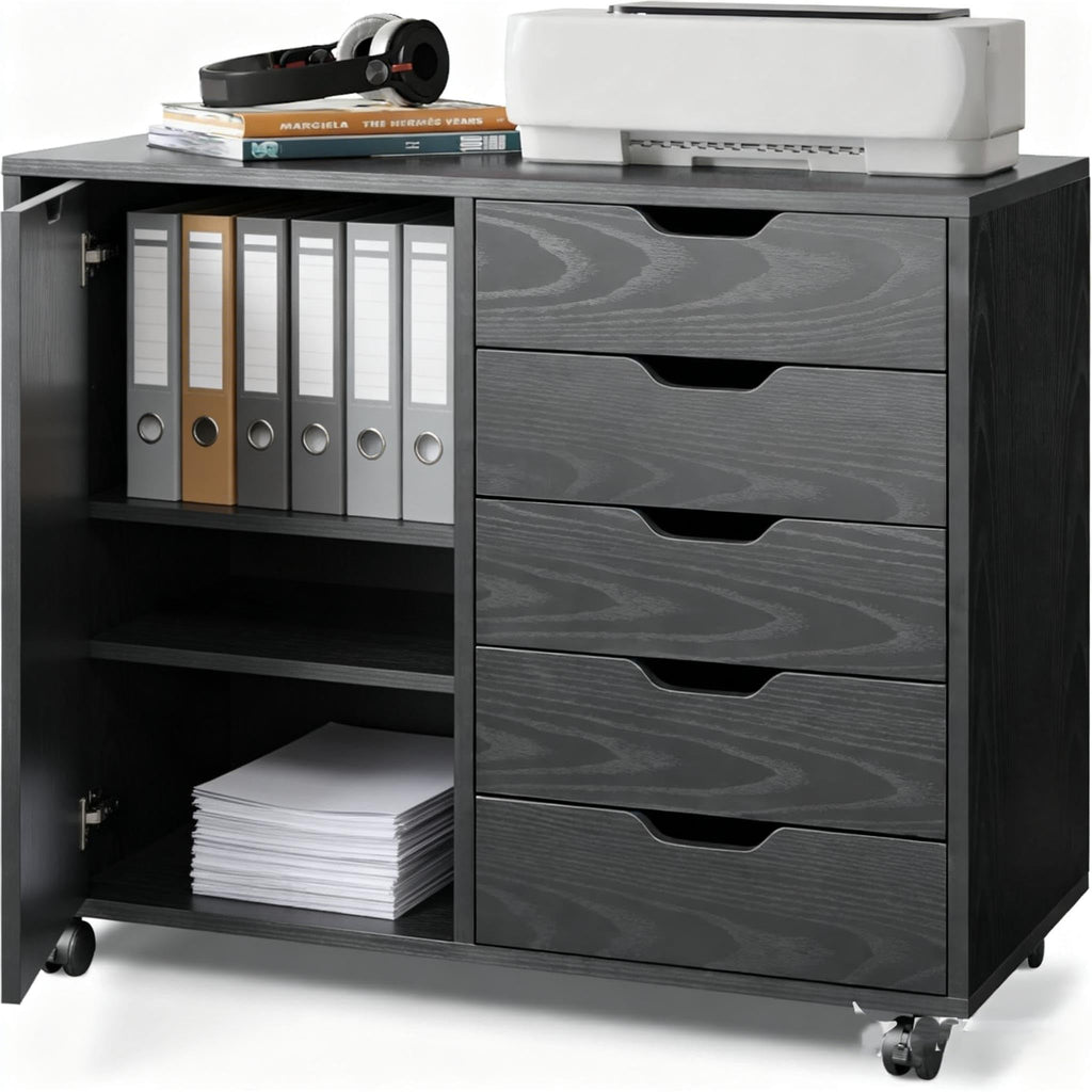 Black 5 Drawer Wood Storage Cabinet with Wheels C272