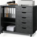 Black 5 Drawer Wood Storage Cabinet with Wheels C272