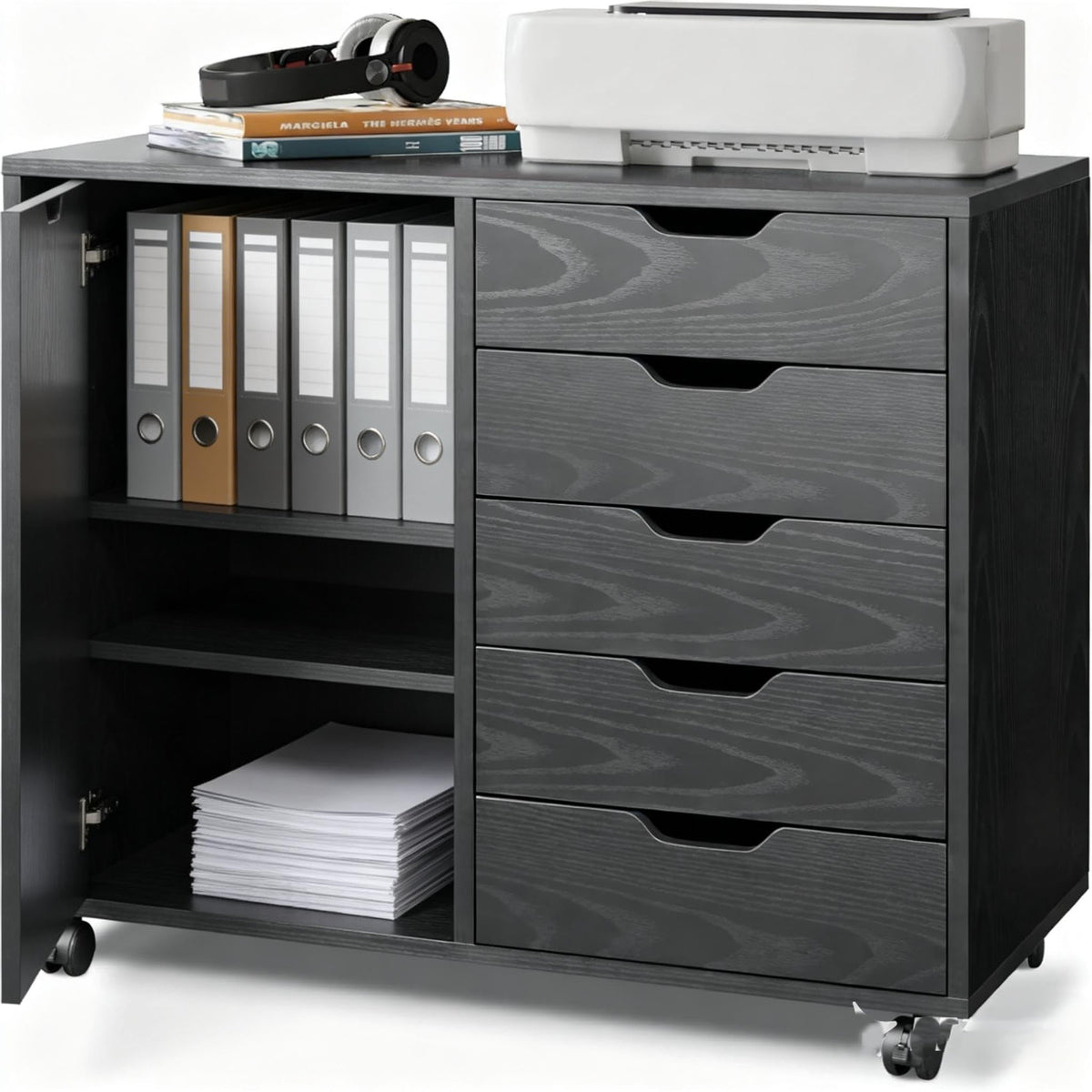 Black 5 Drawer Wood Storage Cabinet with Wheels C272
