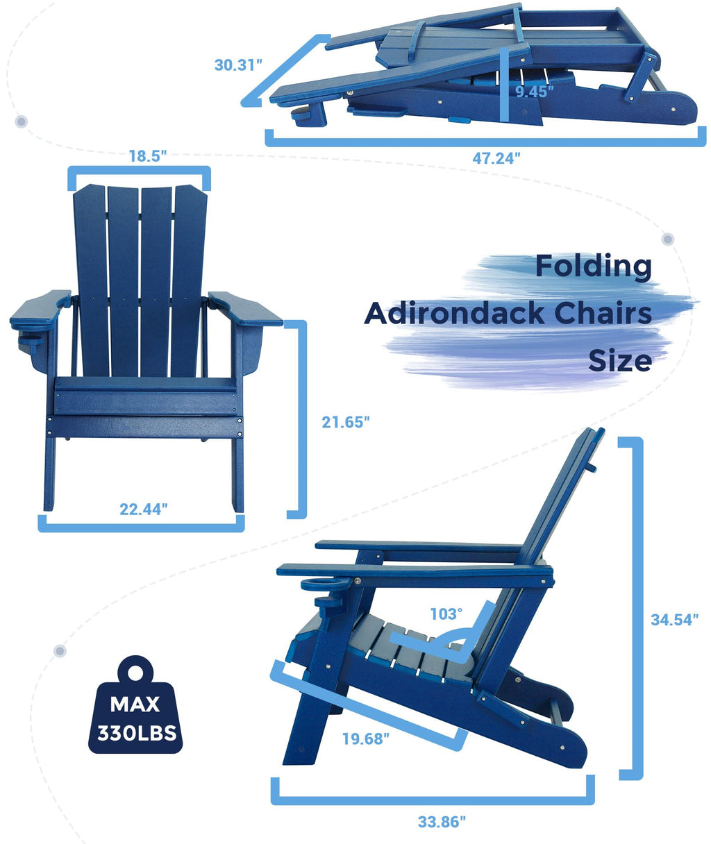 Oversized Folding HDPE Adirondack Chair with Cup Holder, Blue V328