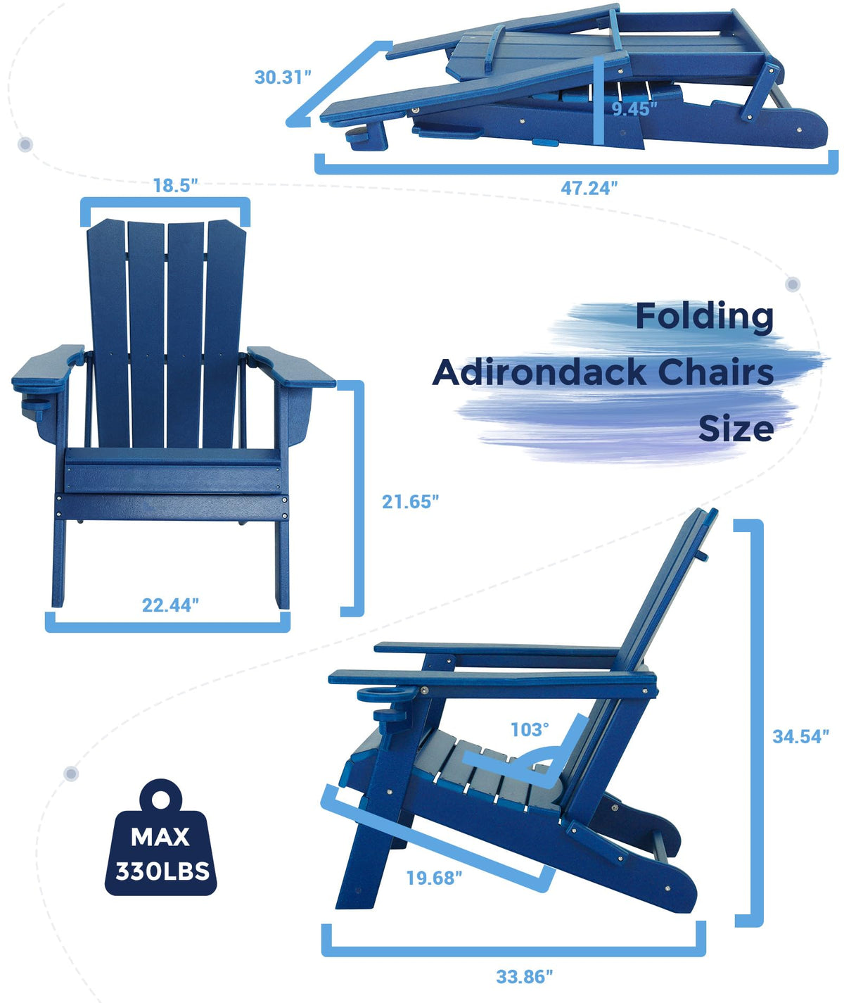 Oversized Folding HDPE Adirondack Chair with Cup Holder, Blue V328