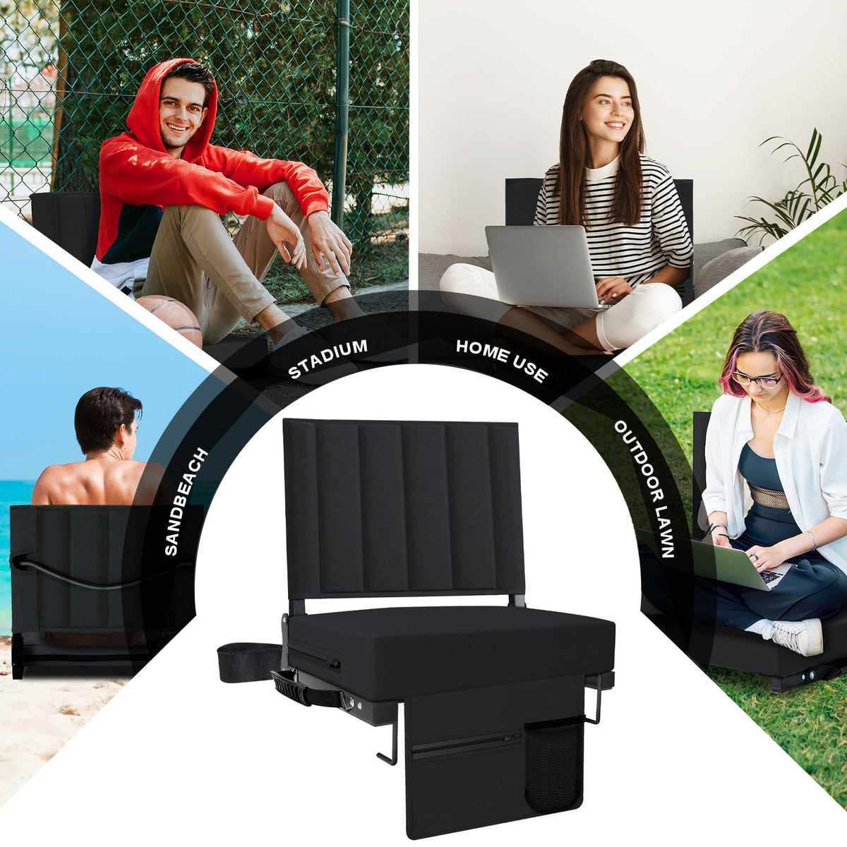 Black Padded Portable Folding Stadium Seat with Back Support and Cup Holder D1033
