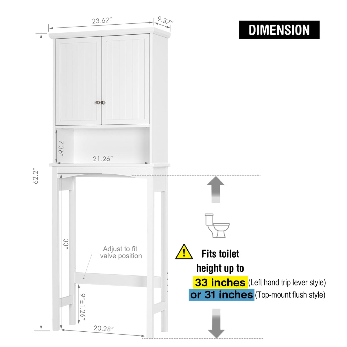 Over the Toilet Storage Cabinet with Doors, Adjustable Shelf, White A37156