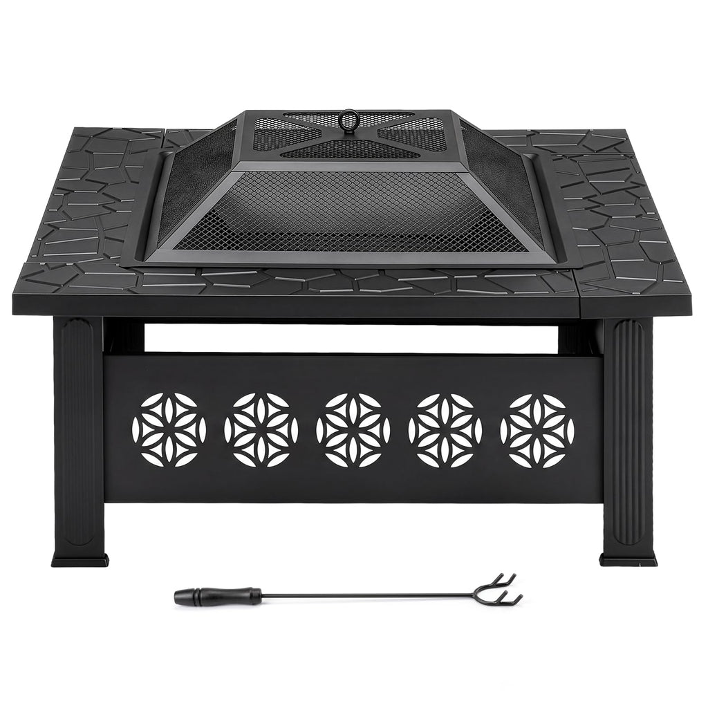 32 Inch Square Wood Burning Fire Pit Table with Spark Screen Lid and Fire Poker, Black I135