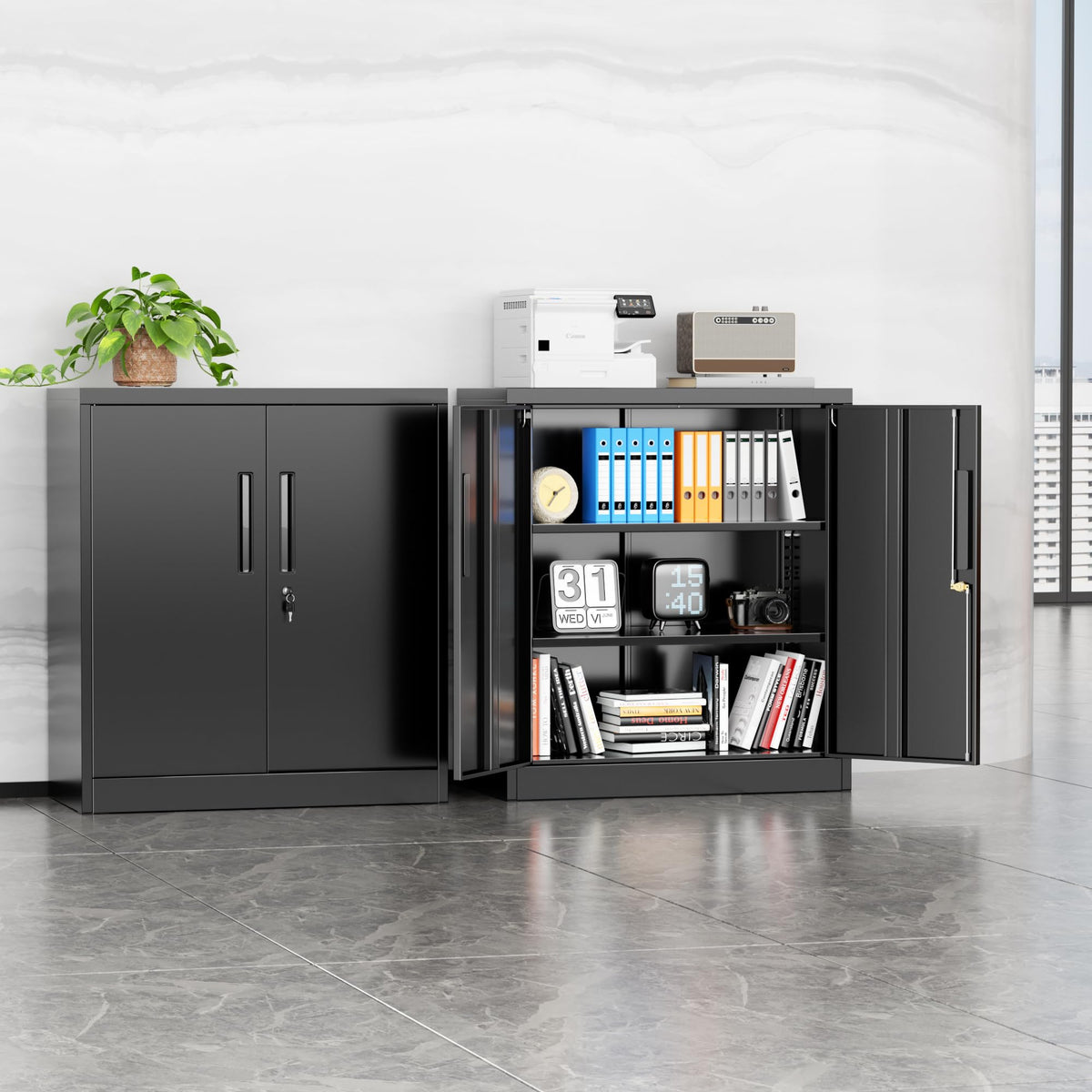 Black Metal Storage Cabinet with Locking Doors and Shelves K9171