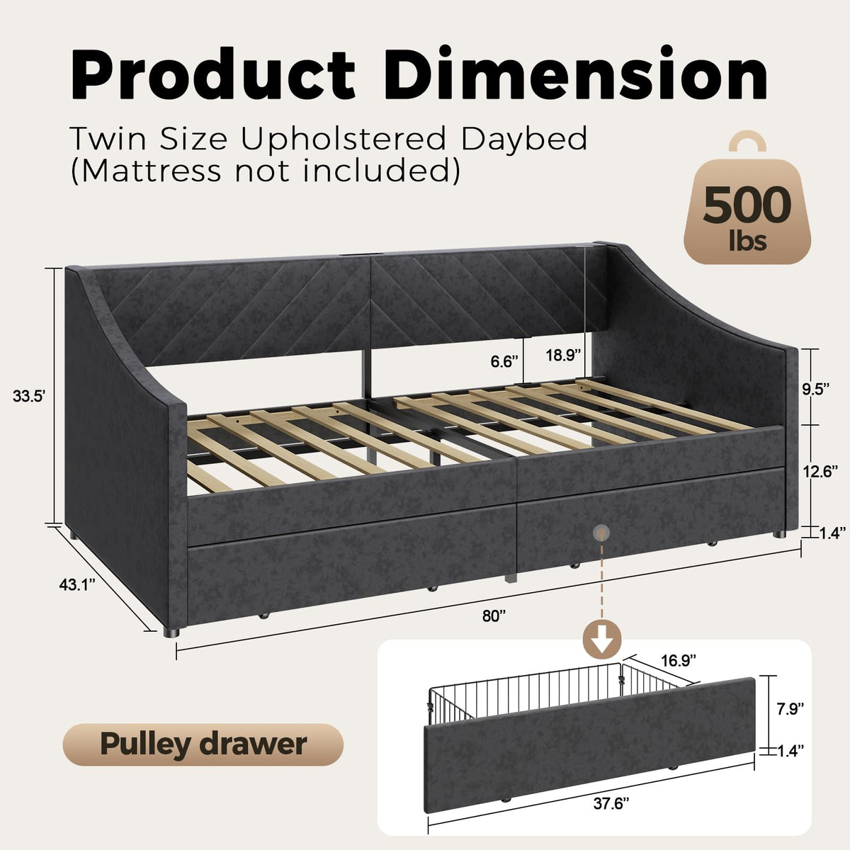 Twin Size Upholstered Daybed with 2 Storage Drawers O697