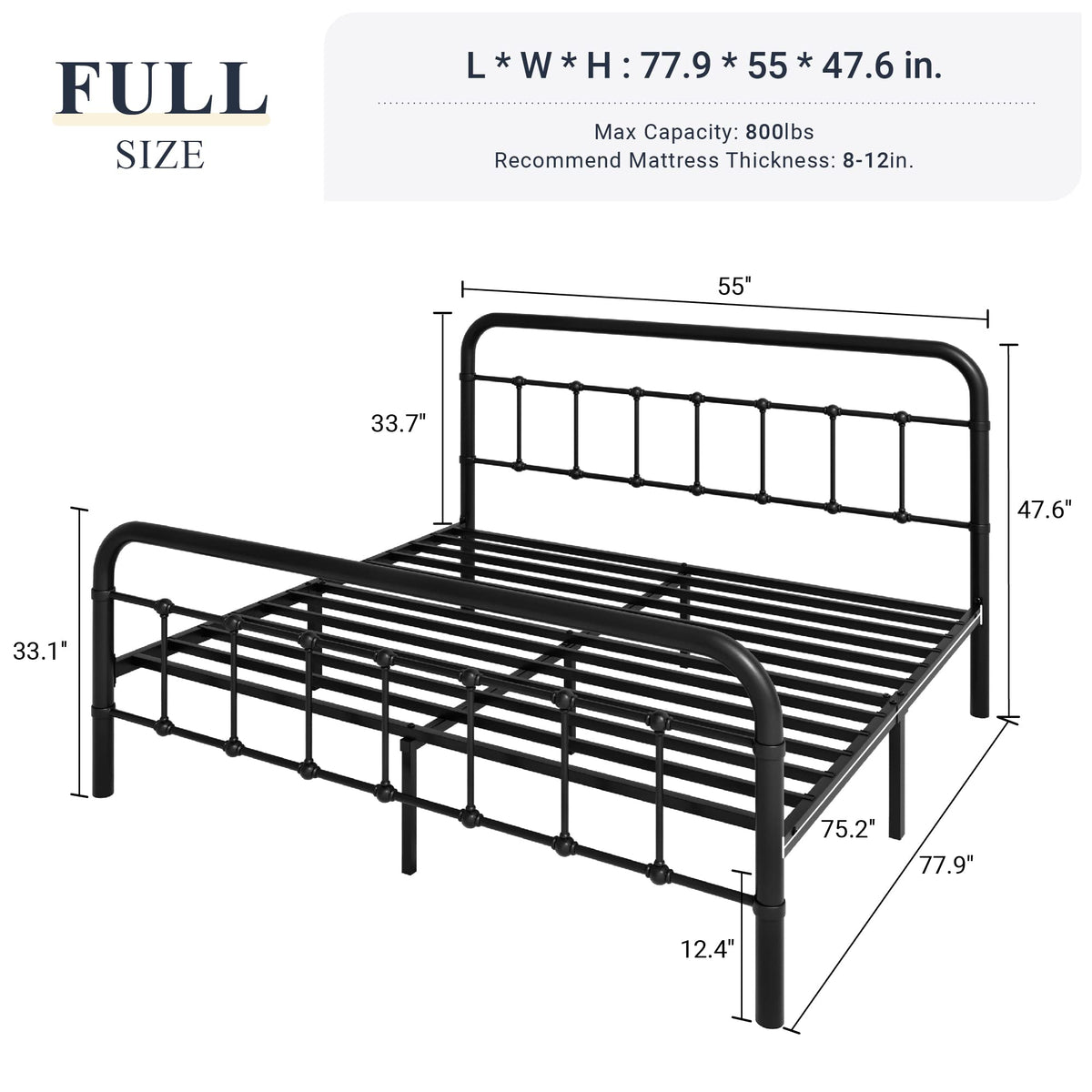 Full Metal Bed Frame with Victorian Iron-Art Headboard, Black A17492