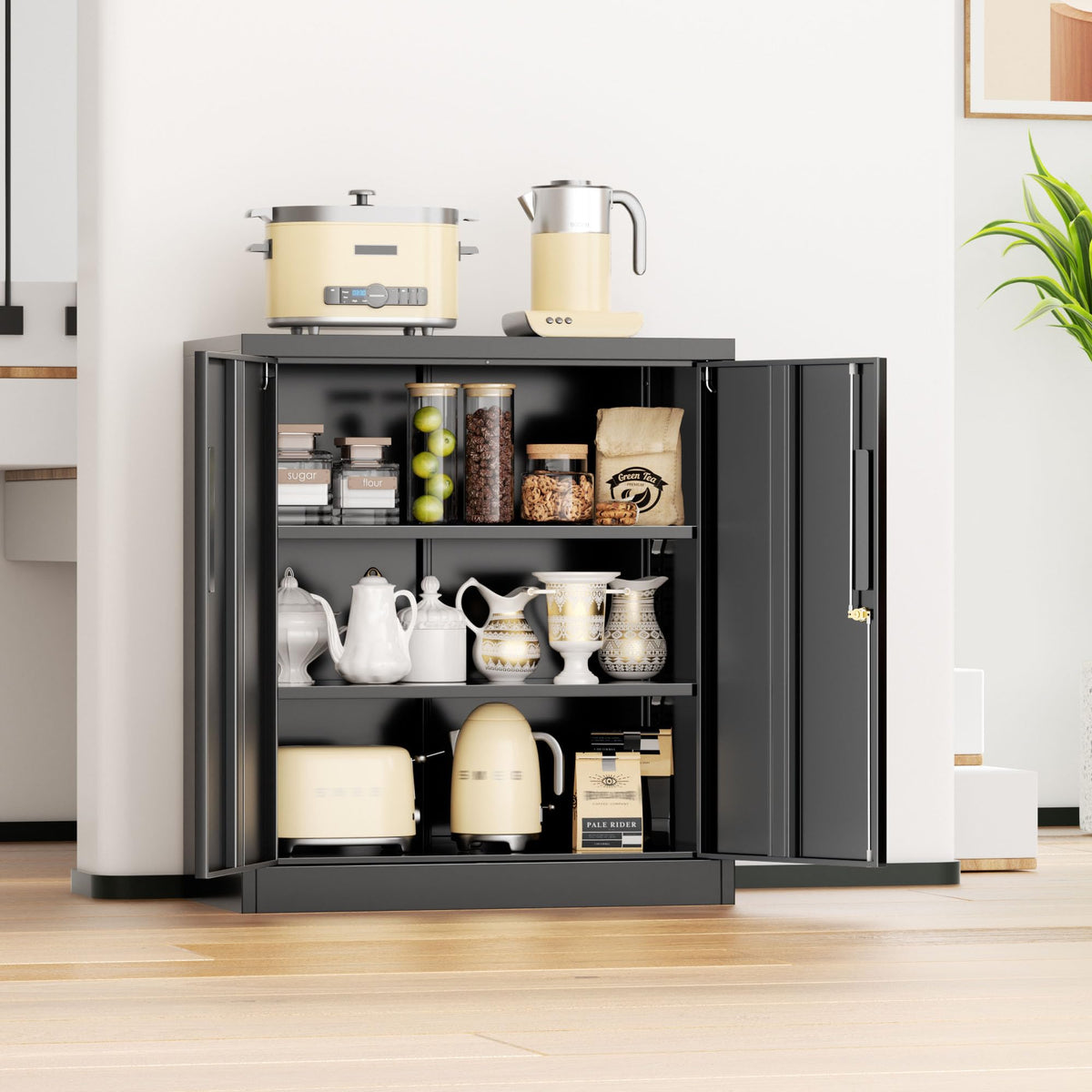 Black Metal Storage Cabinet with Locking Doors and Shelves K9171