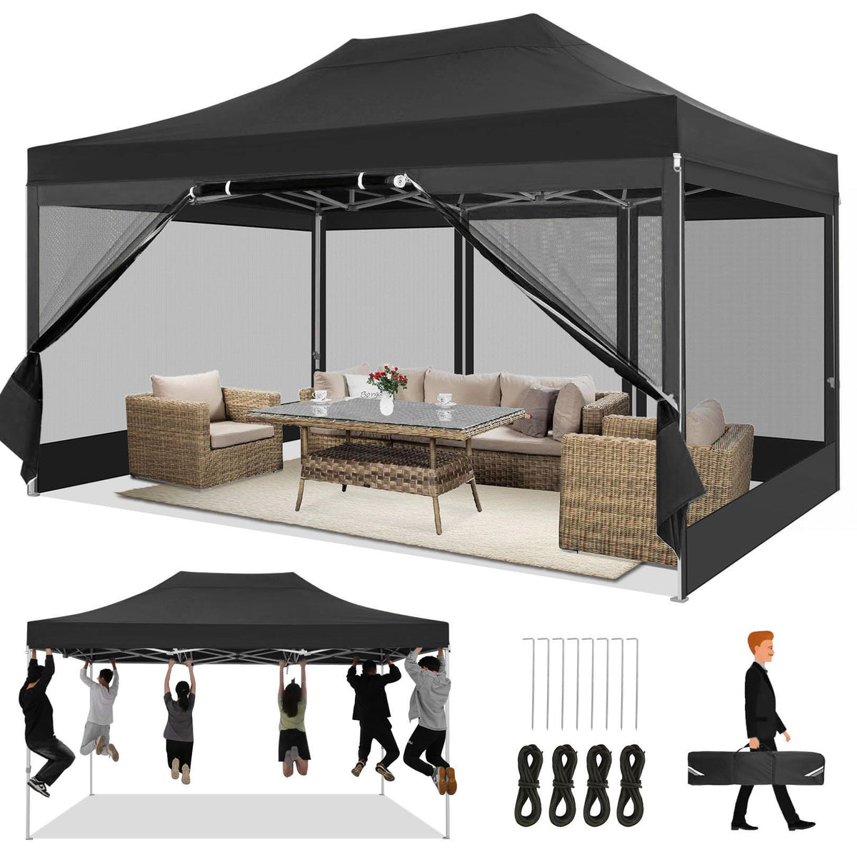 10x15 Heavy Duty Pop Up Canopy with 4 Mosquito Net Sidewalls, Black J705