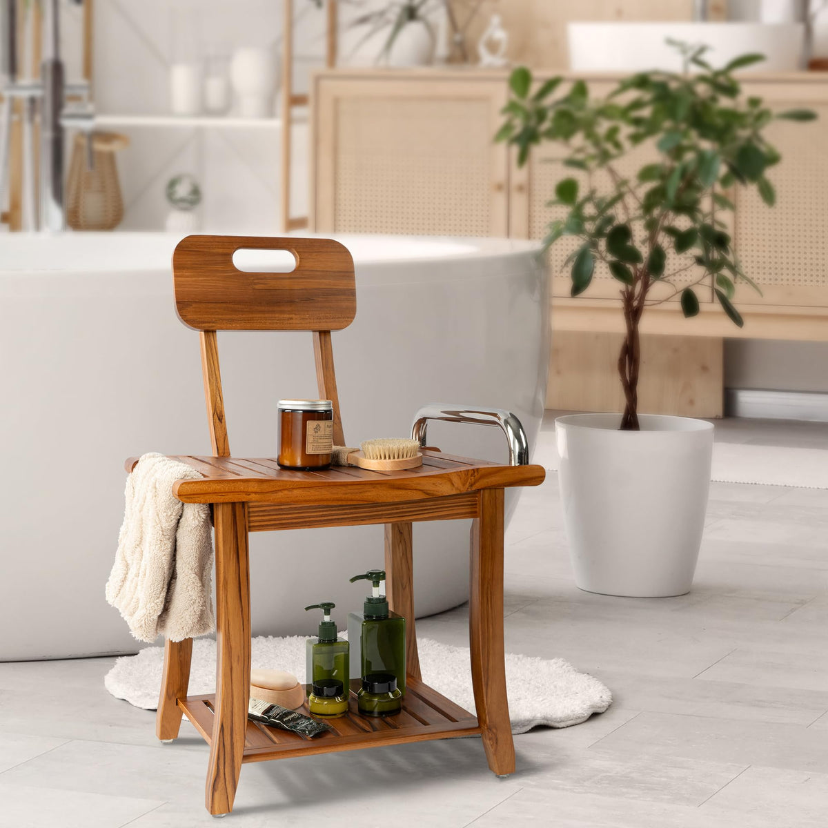 Teak Shower Bench with Handles and Backrest I40778