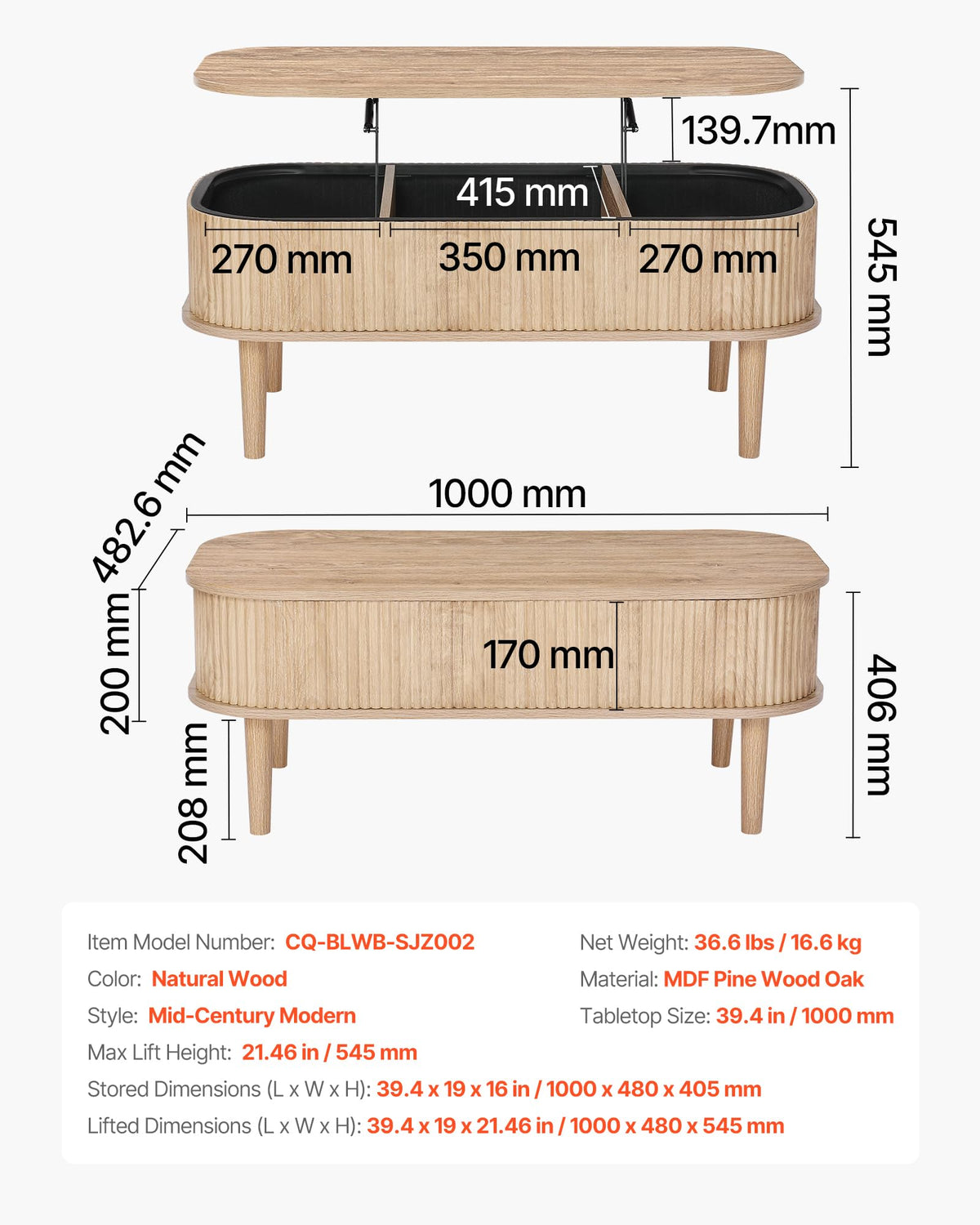 Natural Lift Top Coffee Table with Storage Q743