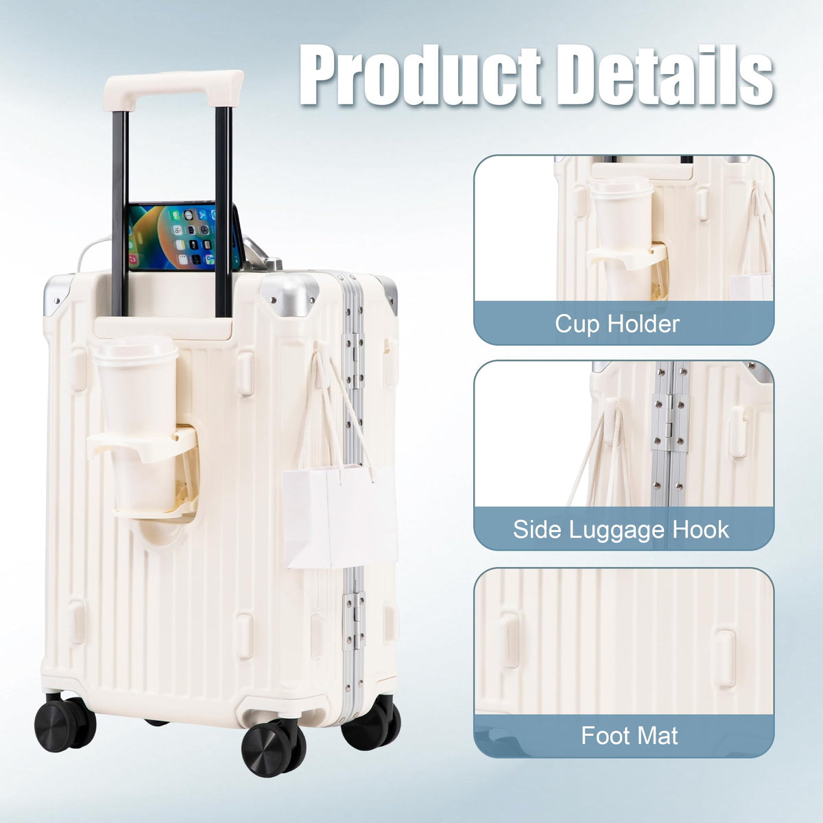 20 Inch White ABS Hardside Spinner Luggage with USB Port B998