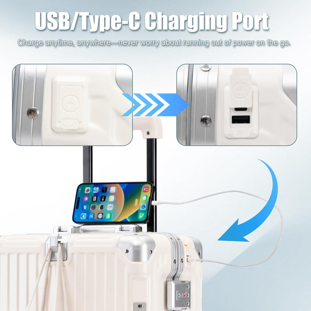 20 Inch White ABS Hardside Spinner Luggage with USB Port B998