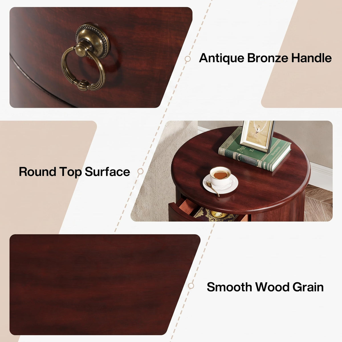 Solid Wood Round End Table with 4 Drawers N744