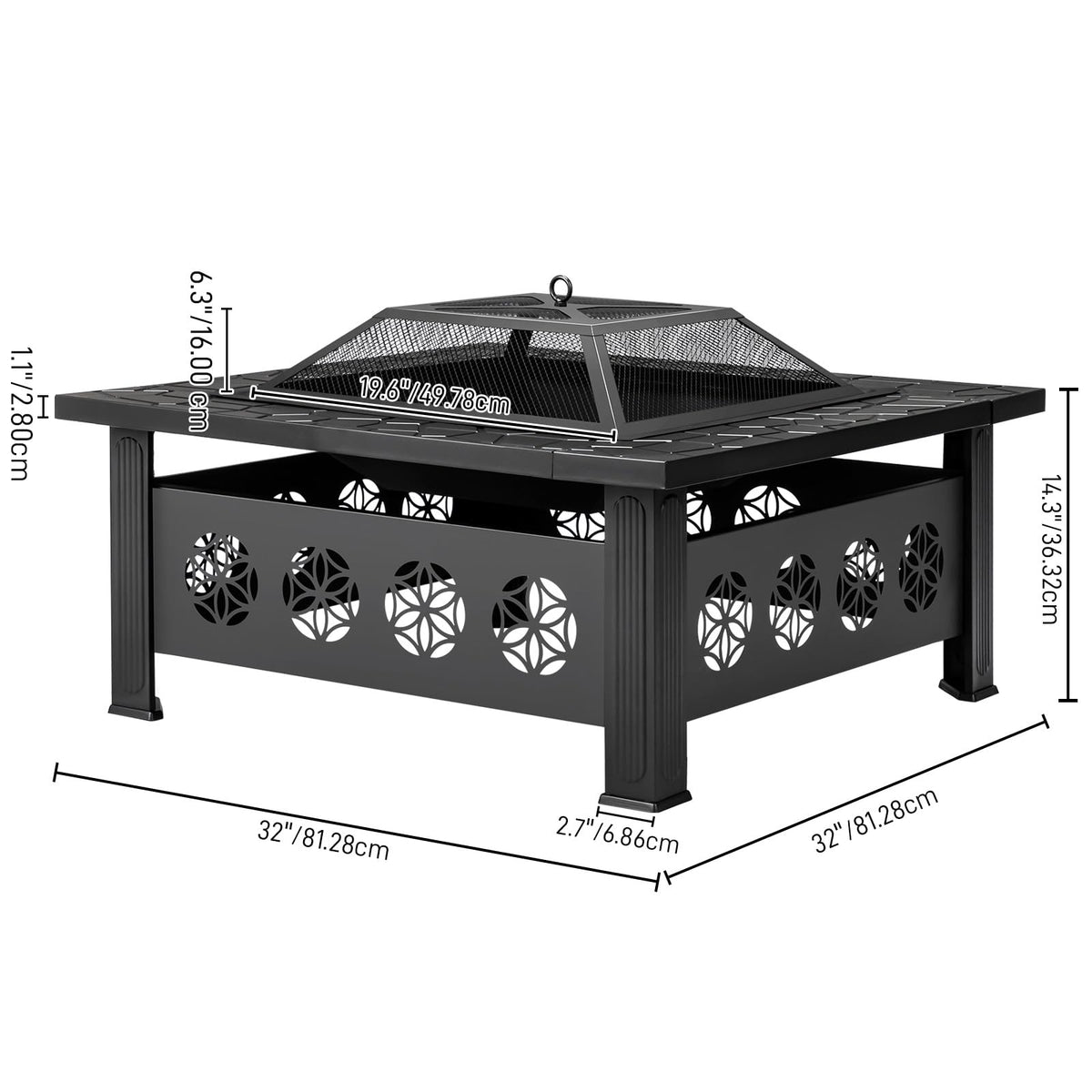 32 Inch Square Wood Burning Fire Pit Table with Spark Screen Lid and Fire Poker, Black I135