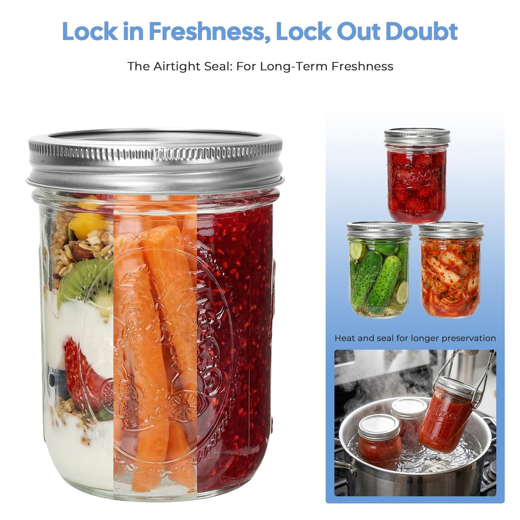 16oz 6-Pack Wide Mouth Glass Mason Jars with Airtight Lids A27921