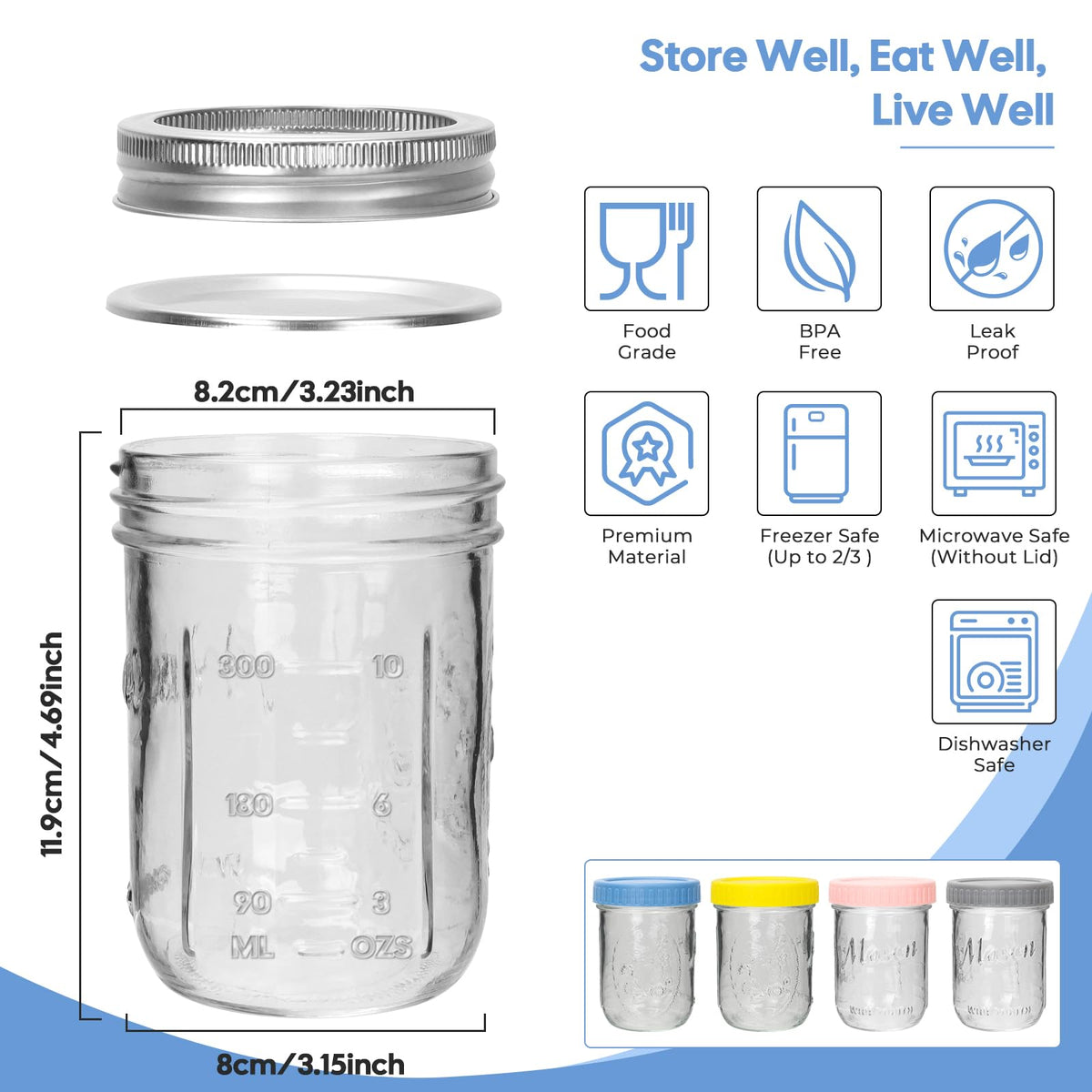 16oz 6-Pack Wide Mouth Glass Mason Jars with Airtight Lids A27921