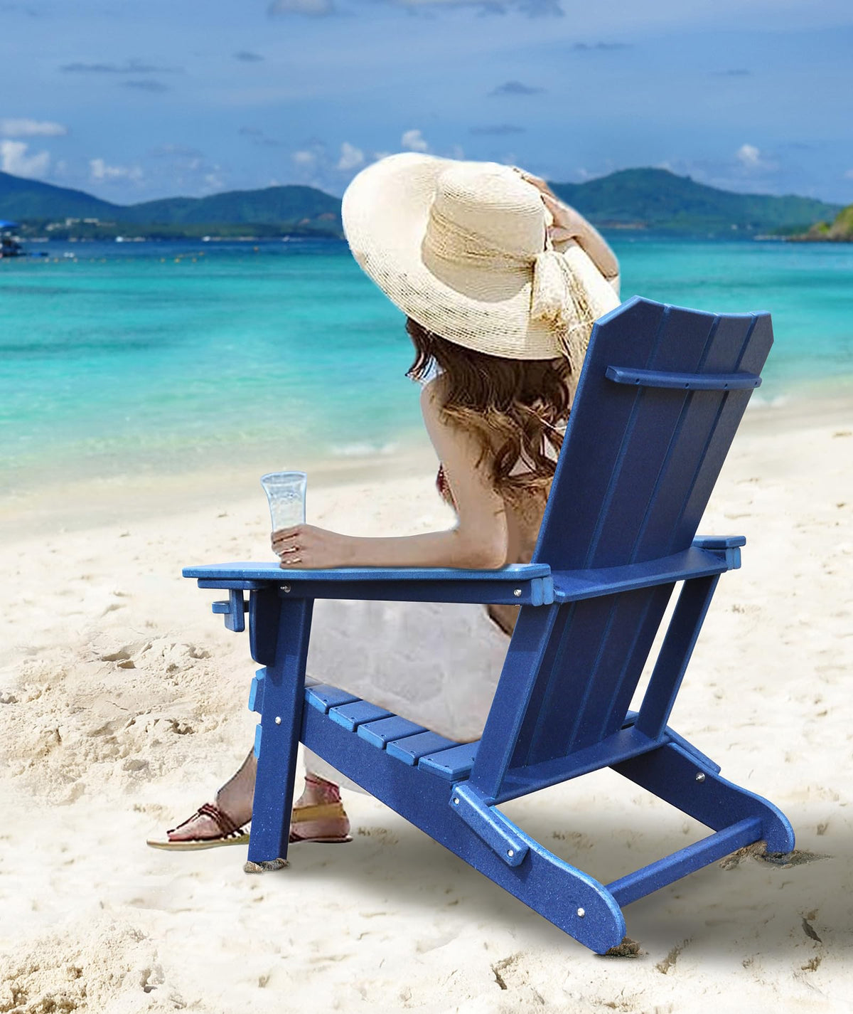 Oversized Folding HDPE Adirondack Chair with Cup Holder, Blue V328