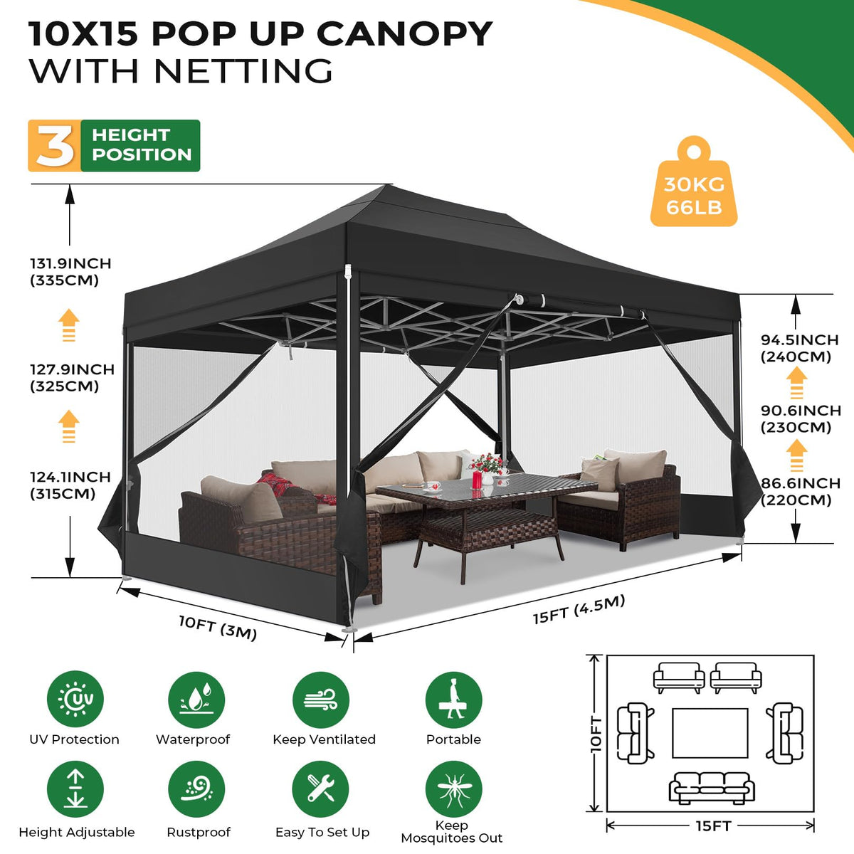10x15 Heavy Duty Pop Up Canopy with 4 Mosquito Net Sidewalls, Black J705