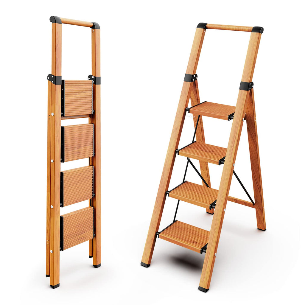 4 Step Ladders, 300lbs Load, 36'' Top Step, Wood Grain H680266