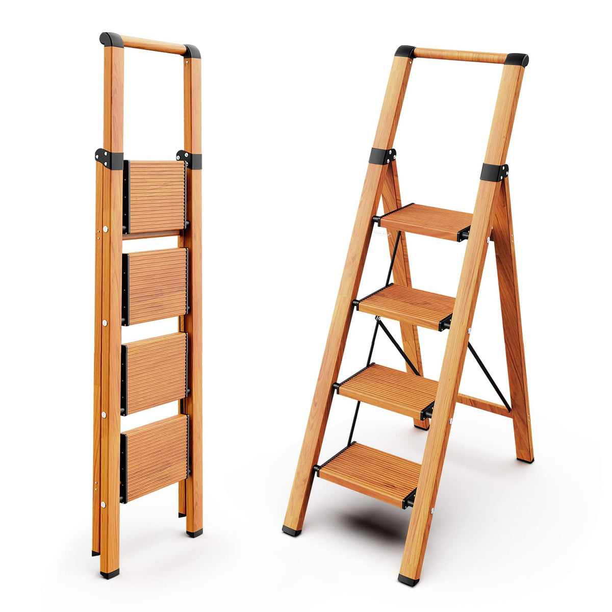 4 Step Ladders, 300lbs Load, 36'' Top Step, Wood Grain H680266