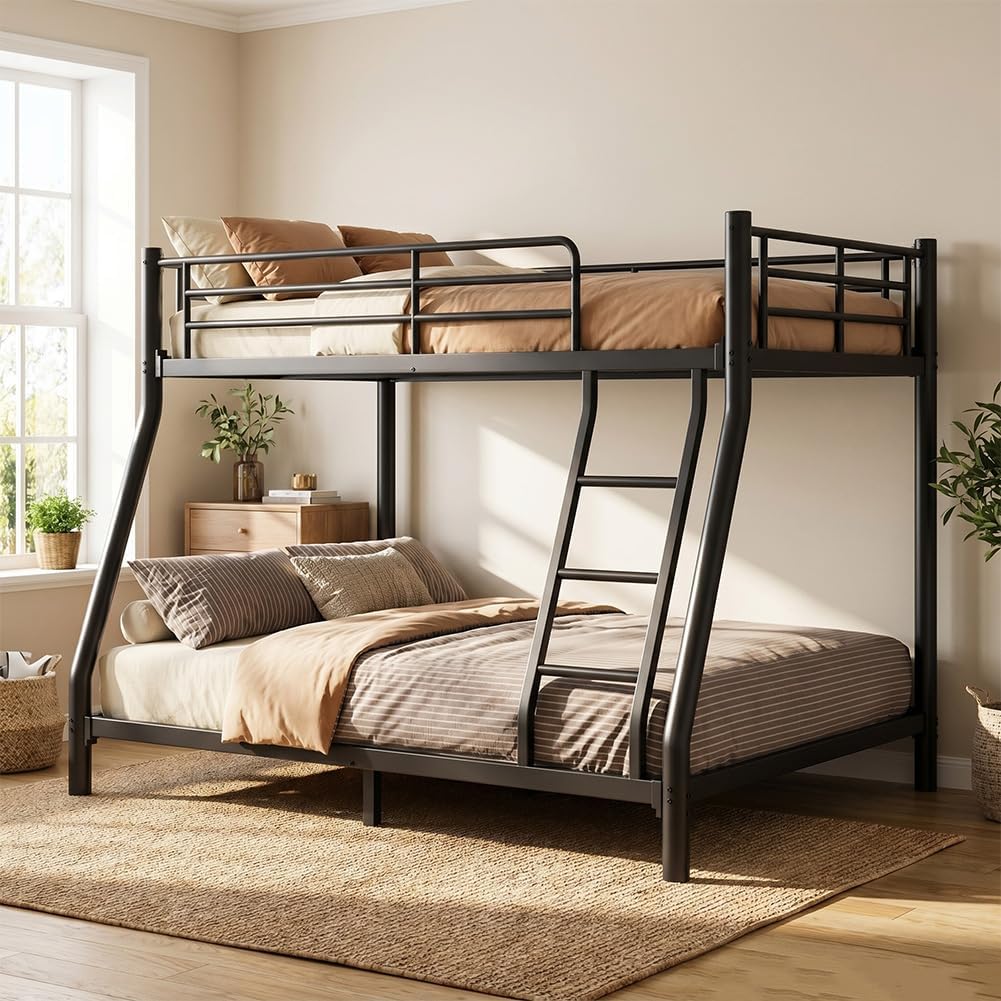 Twin Over Full Metal Bunk Bed with Guardrail and Ladder N5975