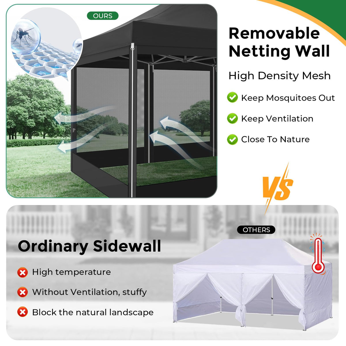10x15 Heavy Duty Pop Up Canopy with 4 Mosquito Net Sidewalls, Black J705