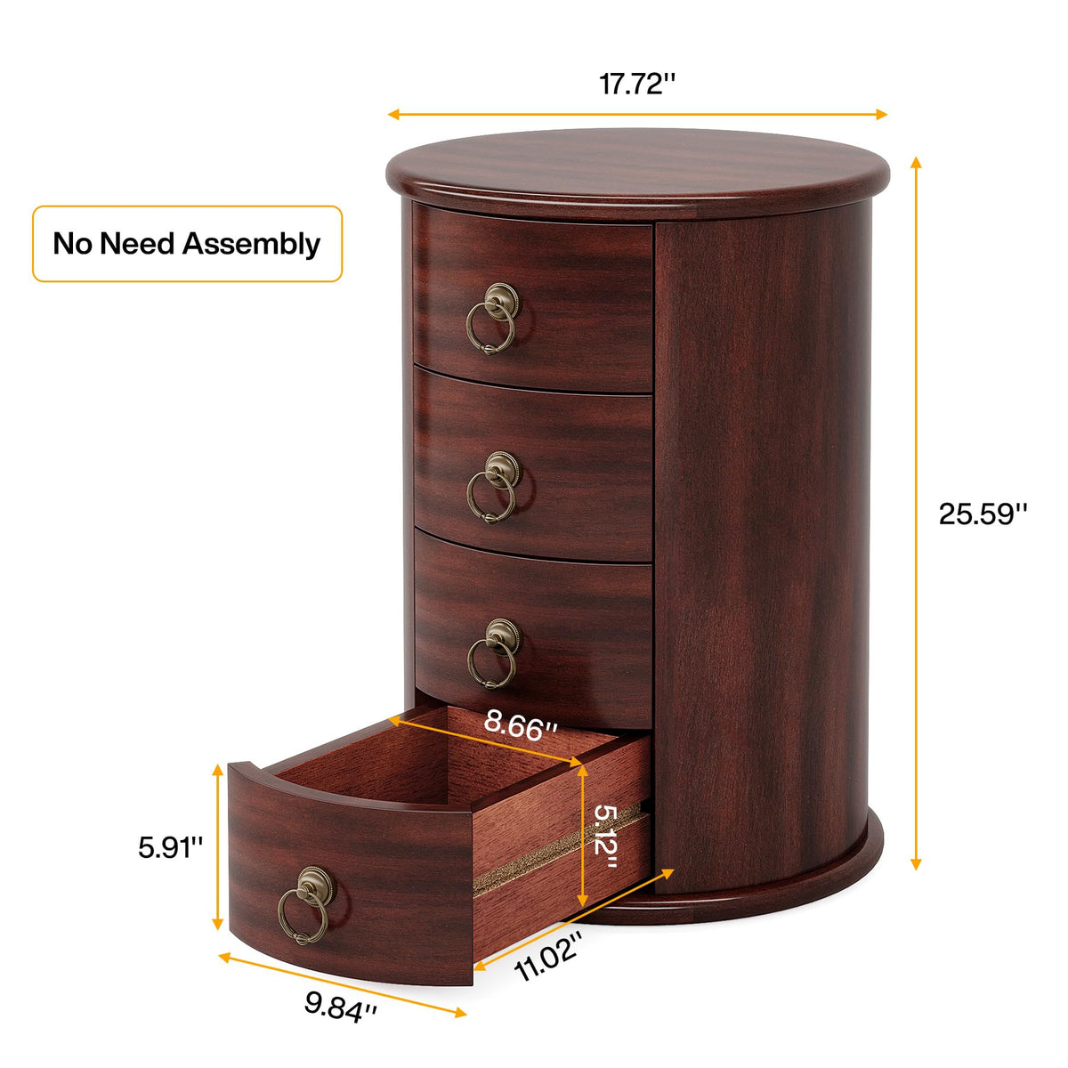 Solid Wood Round End Table with 4 Drawers N744