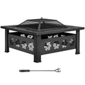 32 Inch Square Wood Burning Fire Pit Table with Spark Screen Lid and Fire Poker, Black I135