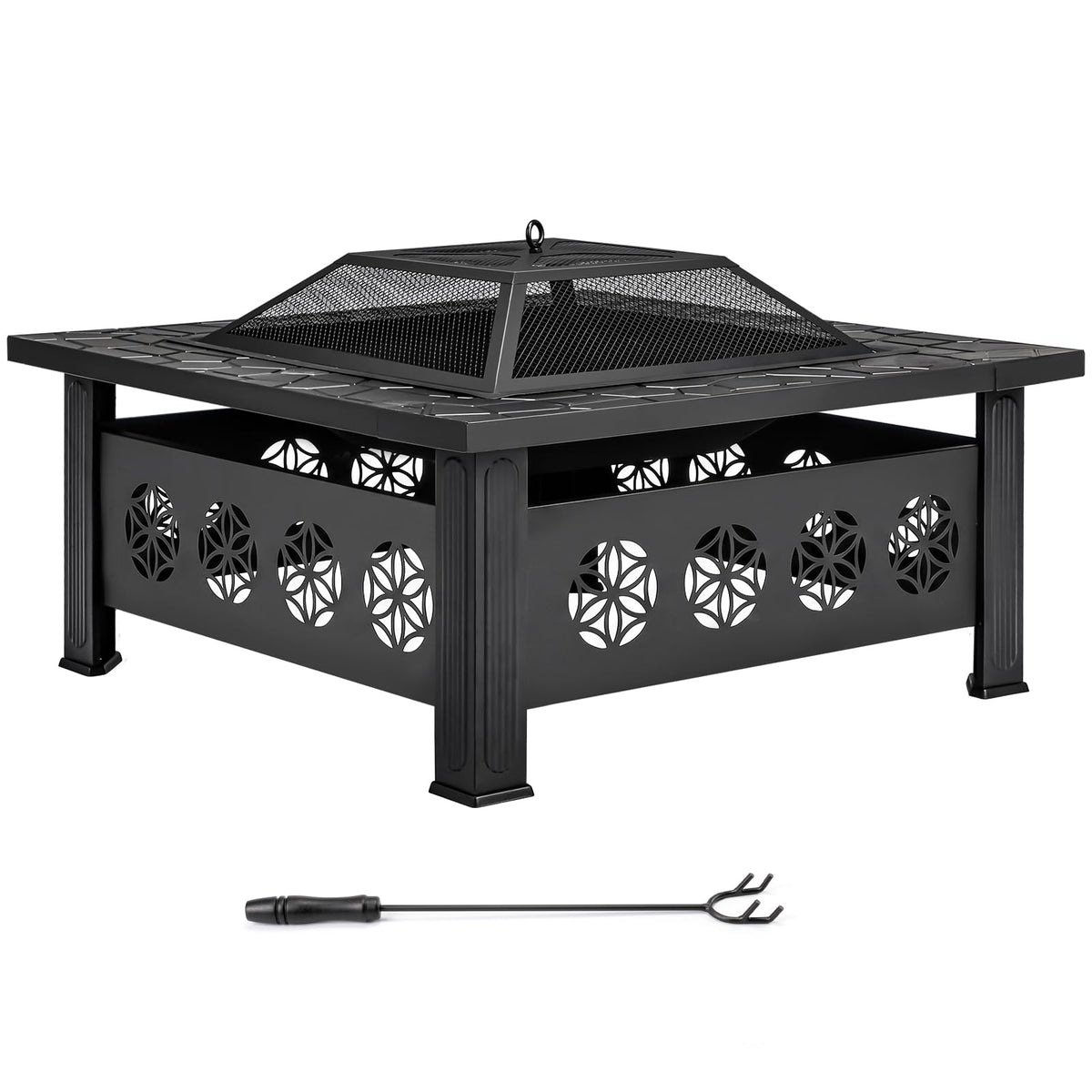 32 Inch Square Wood Burning Fire Pit Table with Spark Screen Lid and Fire Poker, Black I135