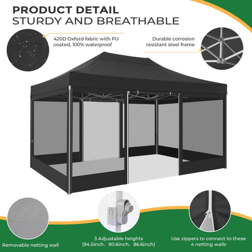 10x15 Heavy Duty Pop Up Canopy with 4 Mosquito Net Sidewalls, Black J705