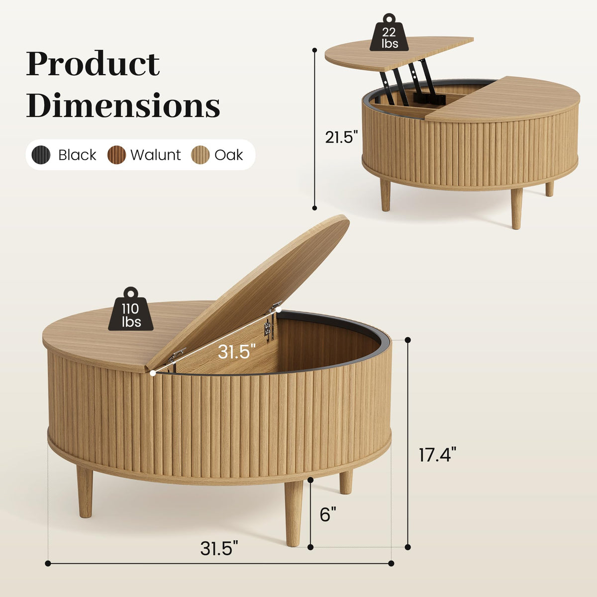 31.5" Round Lifting Top Coffee Table with Storage V309814